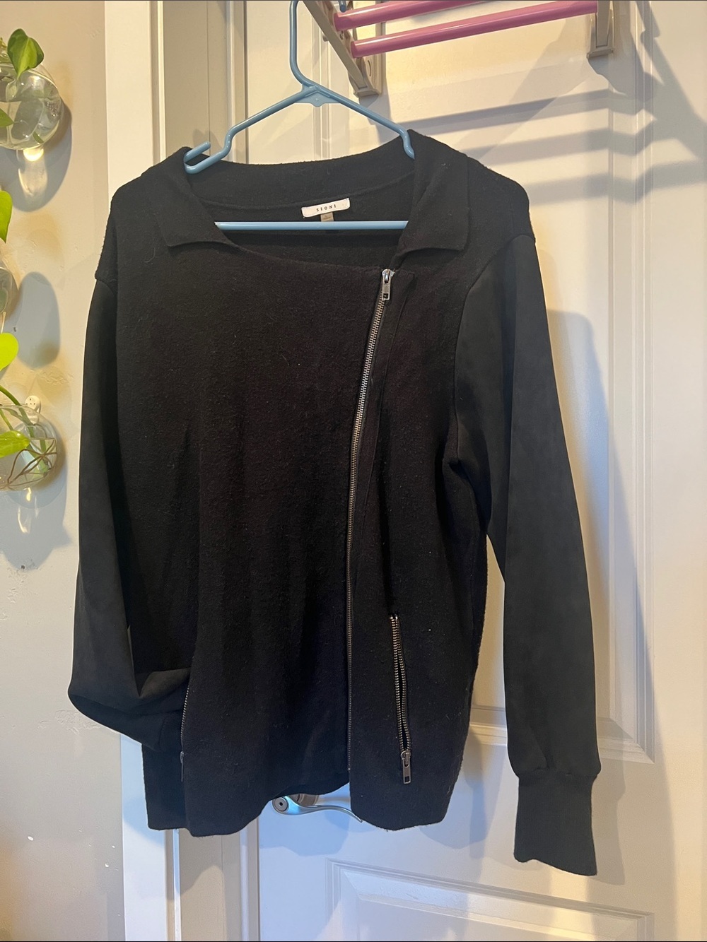 Sioni Black Asymmetric Zip with Mixed Sleeves